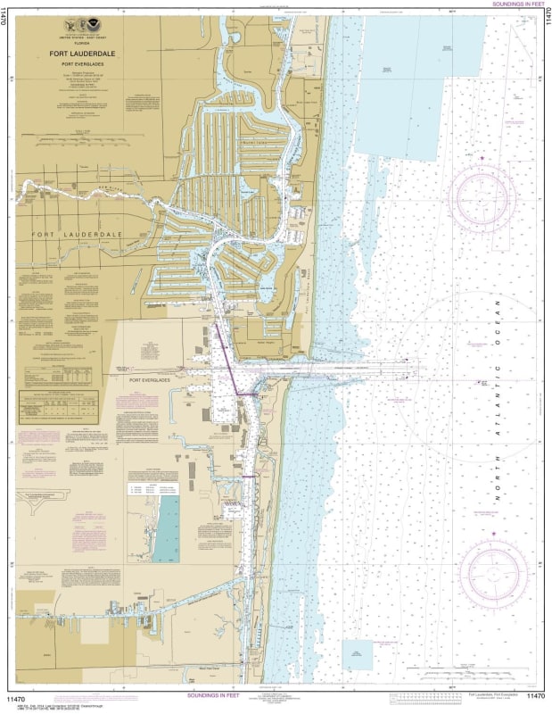 NOAA Chart 11470. Nautical Chart Straits of Fort Lauderdale Port Everglades  - Gulf Coast. NOAA charts portray water depths, coastlines, dangers, aids to navigation, landmarks, bottom characteristics and other features, as well as regulatory, tide, and ot