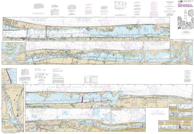 NOAA Chart 11472. Nautical Chart of Intracoastal Waterway Palm Shores to West Palm Beach - Loxahatchee River - Gulf Coast. NOAA charts portray water depths, coastlines, dangers, aids to navigation, landmarks, bottom characteristics and other features, as