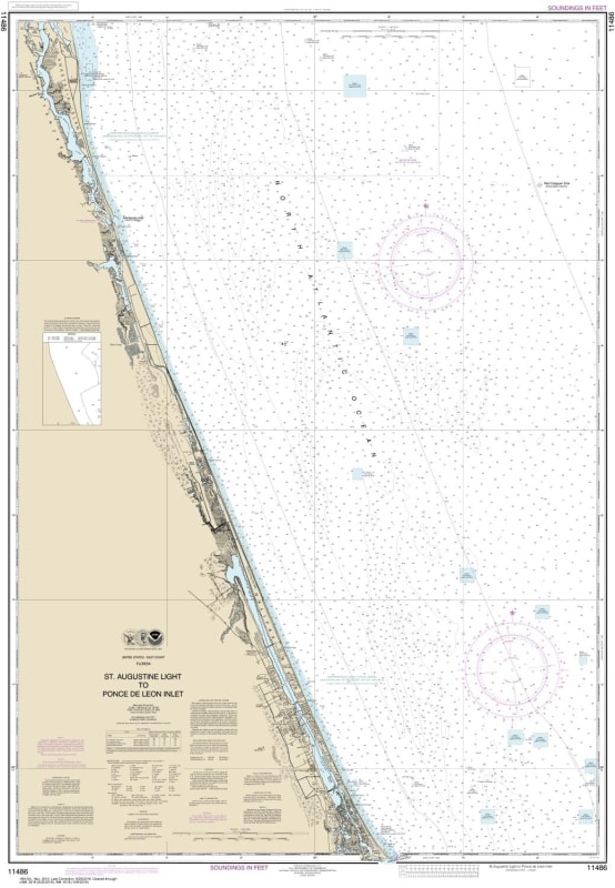 NOAA Chart 11486. Nautical Chart of St Augustine Light to Ponce de Leon Inlet - Gulf Coast. NOAA charts portray water depths, coastlines, dangers, aids to navigation, landmarks, bottom characteristics and other features, as well as regulatory, tide, and o
