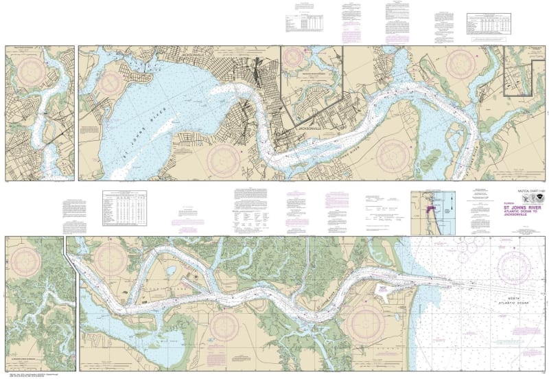 NOAA Chart 11491. Nautical Chart of St Johns River - Atlantic Ocean to Jacksonville - Gulf Coast. NOAA charts portray water depths, coastlines, dangers, aids to navigation, landmarks, bottom characteristics and other features, as well as regulatory, tide,