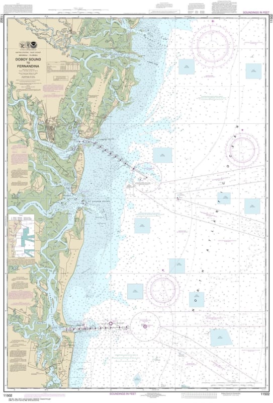 NOAA Chart 11502. Nautical Chart of Doboy Sound to Fernandina - East Coast. NOAA charts portray water depths, coastlines, dangers, aids to navigation, landmarks, bottom characteristics and other features, as well as regulatory, tide, and other information