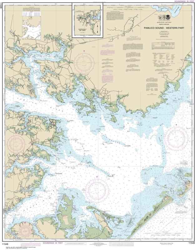 NOAA Chart 11548. Nautical Chart of Pamlico Sound Western Part - East Coast USA. NOAA charts portray water depths, coastlines, dangers, aids to navigation, landmarks, bottom characteristics and other features, as well as regulatory, tide, and other inform