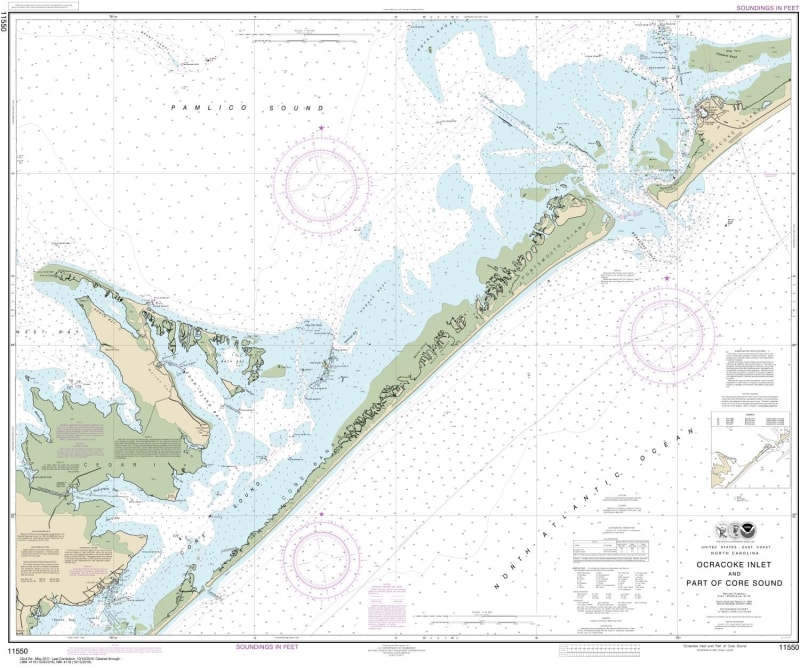 NOAA Chart 11550. Nautical Chart of Ocracoke lnlet and Part of Core Sound - East Coast USA. NOAA charts portray water depths, coastlines, dangers, aids to navigation, landmarks, bottom characteristics and other features, as well as regulatory, tide, and o