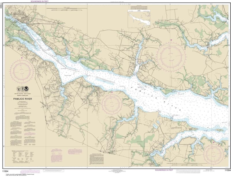 NOAA Chart 11554. Nautical Chart of Pamlico River - East Coast USA. NOAA charts portray water depths, coastlines, dangers, aids to navigation, landmarks, bottom characteristics and other features, as well as regulatory, tide, and other information. They c