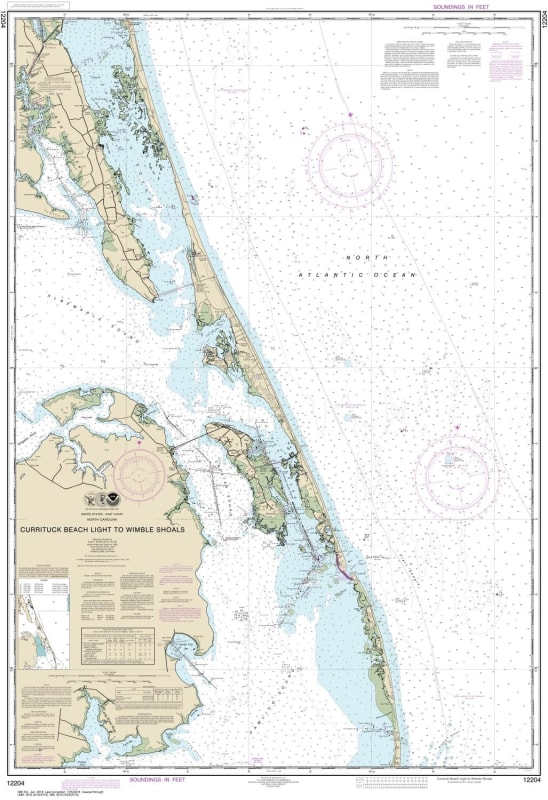 NOAA Chart 12204. Nautical Chart of Currituck Beach Light to Wimble Shoals - East Coast USA. NOAA charts portray water depths, coastlines, dangers, aids to navigation, landmarks, bottom characteristics and other features, as well as regulatory, tide, and