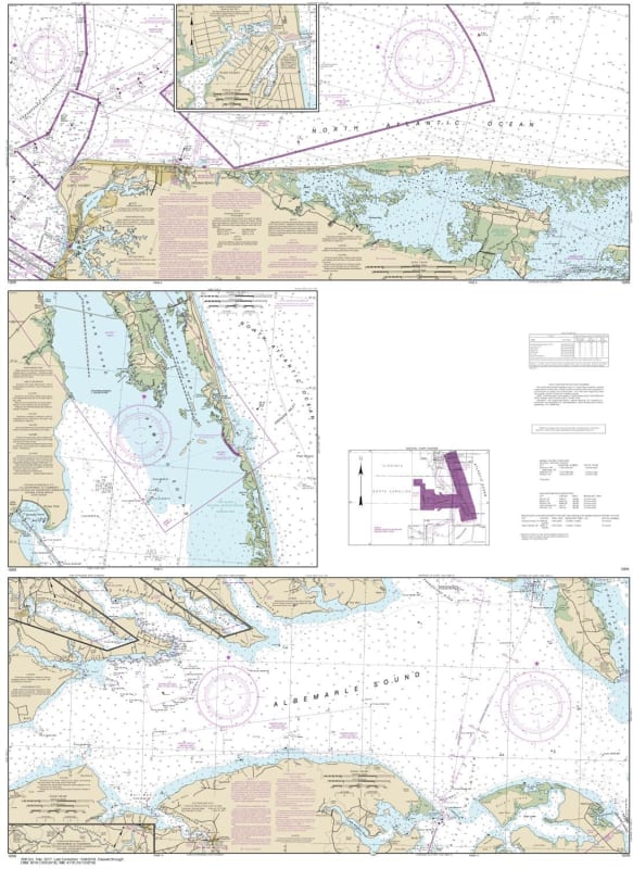 NOAA Chart 12205. Nautical Chart of Cape Henry to Pamlico Sound Including Albemarle Sound - Rudee Heights - East Coast USA. NOAA charts portray water depths, coastlines, dangers, aids to navigation, landmarks, bottom characteristics and other features, as
