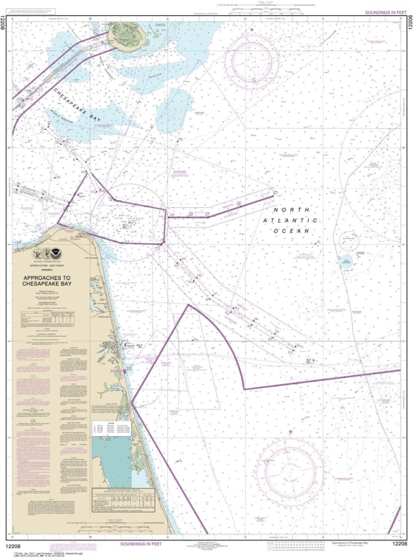 NOAA Chart 12208. Nautical Chart of Approaches to Chesapeake Bay. NOAA charts portray water depths, coastlines, dangers, aids to navigation, landmarks, bottom characteristics and other features, as well as regulatory, tide, and other information. They con