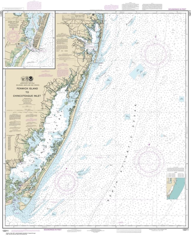 NOAA Chart 12211. Nautical Chart of Fenwick Island to Chincoteague Inlet - Ocean City Inlett. NOAA charts portray water depths, coastlines, dangers, aids to navigation, landmarks, bottom characteristics and other features, as well as regulatory, tide, and