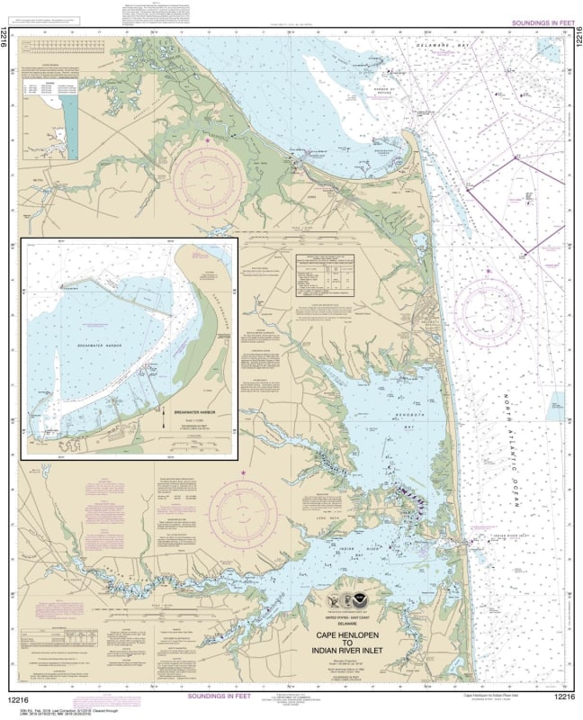 NOAA Chart 12216. Nautical Chart of Cape Henlopen to Indian River Inlet - Breakwater Harbord. NOAA charts portray water depths, coastlines, dangers, aids to navigation, landmarks, bottom characteristics and other features, as well as regulatory, tide, and