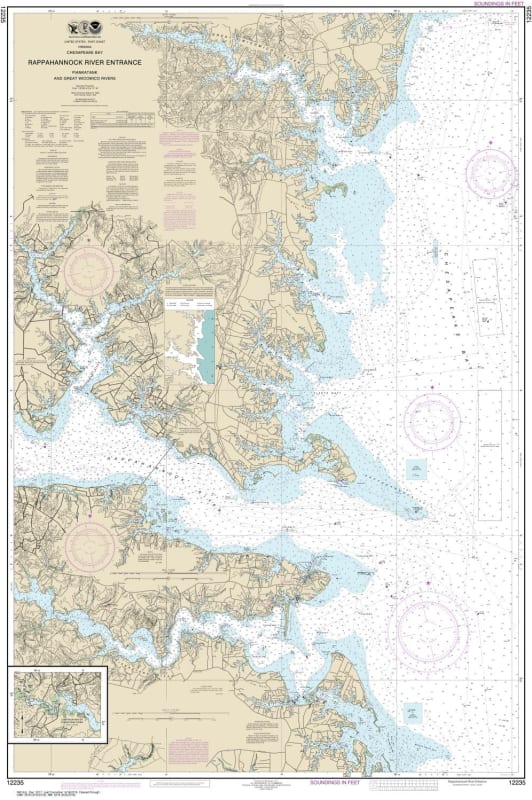 NOAA Chart 12235. Nautical Chart of Chesapeake Bay Rappahannock River Entrance, Piankatank and Great Wicomico Rivers. NOAA charts portray water depths, coastlines, dangers, aids to navigation, landmarks, bottom characteristics and other features, as well