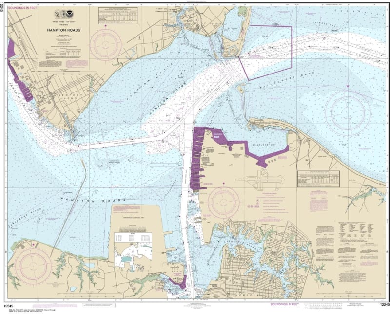 NOAA Chart 12245. Nautical Chart of Hampton Roads. NOAA charts portray water depths, coastlines, dangers, aids to navigation, landmarks, bottom characteristics and other features, as well as regulatory, tide, and other information. They contain all critic