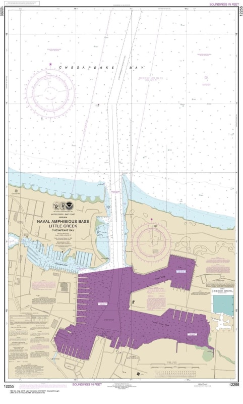 NOAA Chart 12255. Nautical Chart of Little Creek Naval Amphibious Base. NOAA charts portray water depths, coastlines, dangers, aids to navigation, landmarks, bottom characteristics and other features, as well as regulatory, tide, and other information. Th