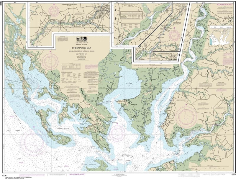 NOAA Chart 12261. Nautical Chart of Chesapeake Bay Honga, Nanticoke, Wicomico Rivers and Fishing Bay. NOAA charts portray water depths, coastlines, dangers, aids to navigation, landmarks, bottom characteristics and other features, as well as regulatory, t