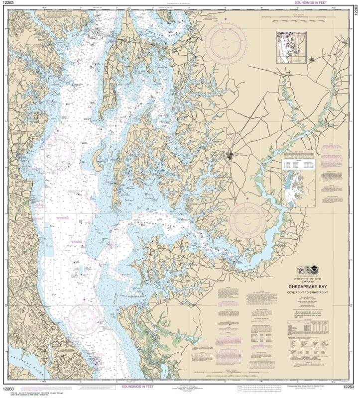 NOAA Chart 12263. Nautical Chart of Chesapeake Bay Cove Point to Sandy Point. NOAA charts portray water depths, coastlines, dangers, aids to navigation, landmarks, bottom characteristics and other features, as well as regulatory, tide, and other informati
