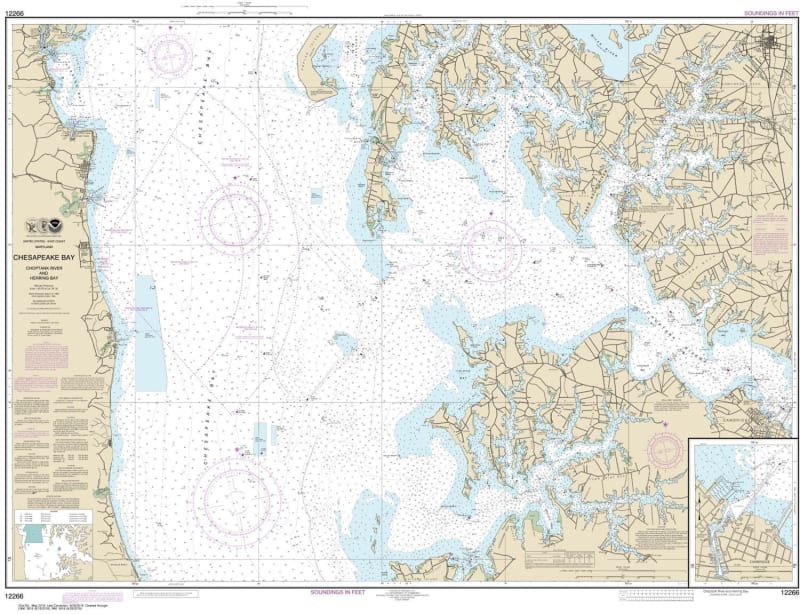 NOAA Chart 12266. Nautical Chart of Chesapeake Bay Choptank River and Herring Bay -  Cambridge. NOAA charts portray water depths, coastlines, dangers, aids to navigation, landmarks, bottom characteristics and other features, as well as regulatory, tide, a