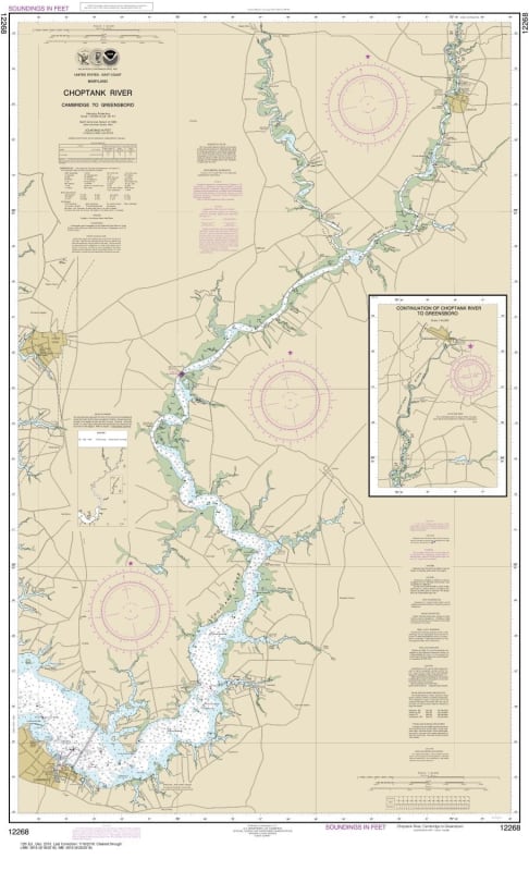 NOAA Chart 12268. Nautical Chart of Choptank River Cambridge to Greensboro. NOAA charts portray water depths, coastlines, dangers, aids to navigation, landmarks, bottom characteristics and other features, as well as regulatory, tide, and other information