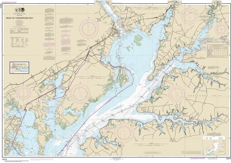 NOAA Chart 12274. Nautical Chart of Head of Chesapeake Bay. NOAA charts portray water depths, coastlines, dangers, aids to navigation, landmarks, bottom characteristics and other features, as well as regulatory, tide, and other information. They contain a