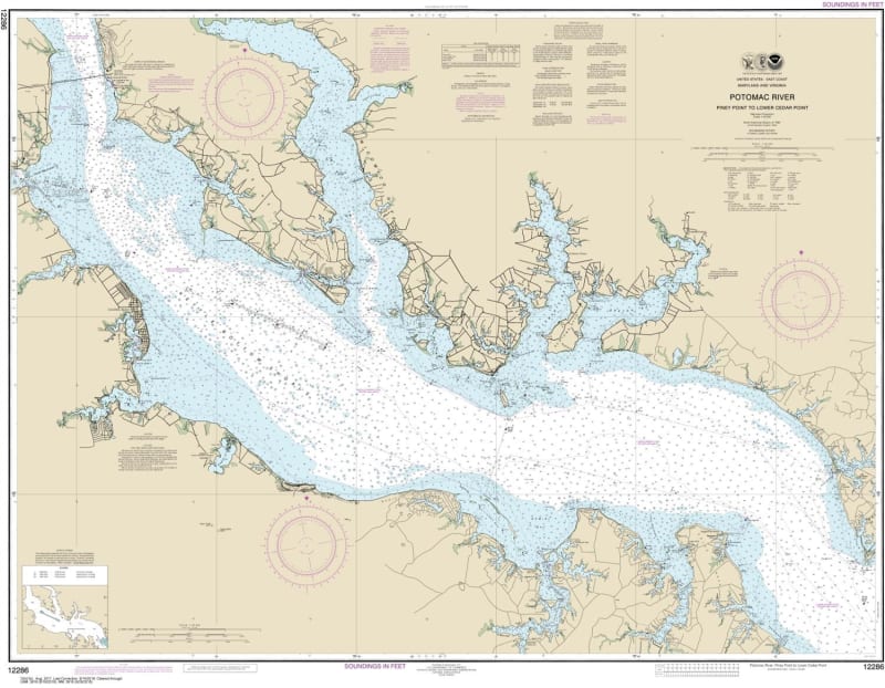 NOAA Chart 12286. Nautical Chart of Potomac River Piney Point to Lower Cedar Point. NOAA charts portray water depths, coastlines, dangers, aids to navigation, landmarks, bottom characteristics and other features, as well as regulatory, tide, and other inf