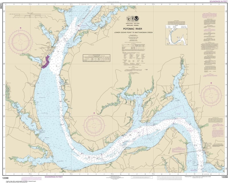 NOAA Chart 12288. Nautical Chart of Potomac River Lower Cedar Point to Mattawoman Creek. NOAA charts portray water depths, coastlines, dangers, aids to navigation, landmarks, bottom characteristics and other features, as well as regulatory, tide, and othe