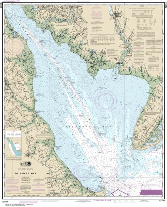 NOAA Chart 12304. Nautical Chart of Delaware Bay. NOAA charts portray water depths, coastlines, dangers, aids to navigation, landmarks, bottom characteristics and other features, as well as regulatory, tide, and other information. They contain all critica