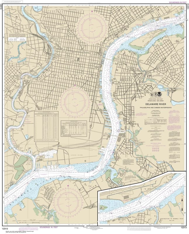 NOAA Chart 12313. Nautical Chart of Philadelphia and Camden Waterfronts. NOAA charts portray water depths, coastlines, dangers, aids to navigation, landmarks, bottom characteristics and other features, as well as regulatory, tide, and other information. T