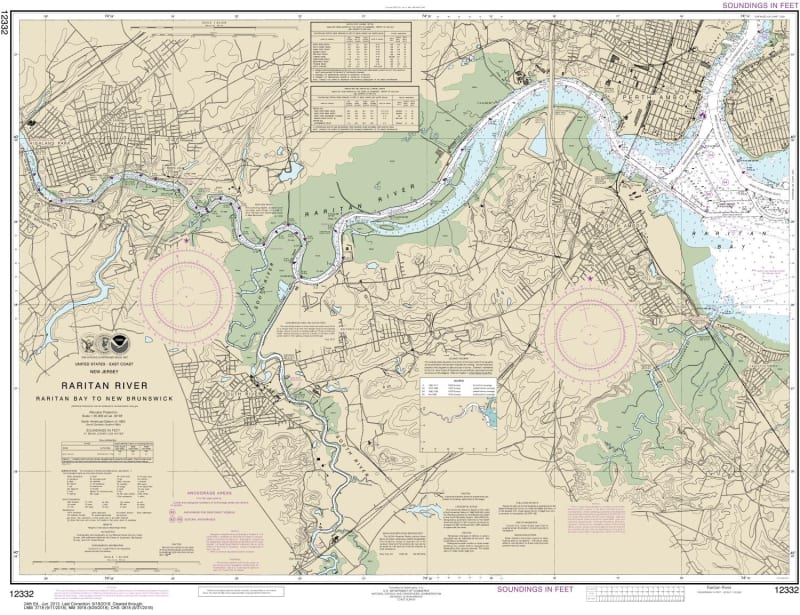 NOAA Chart 12332. Nautical Chart of Raritan River Raritan Bay to New Brunswick. NOAA charts portray water depths, coastlines, dangers, aids to navigation, landmarks, bottom characteristics and other features, as well as regulatory, tide, and other informa