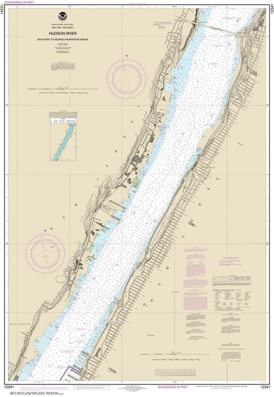 NOAA Chart 12341. Nautical Chart of Hudson River Days Point to George Washington Bridge. NOAA charts portray water depths, coastlines, dangers, aids to navigation, landmarks, bottom characteristics and other features, as well as regulatory, tide, and othe