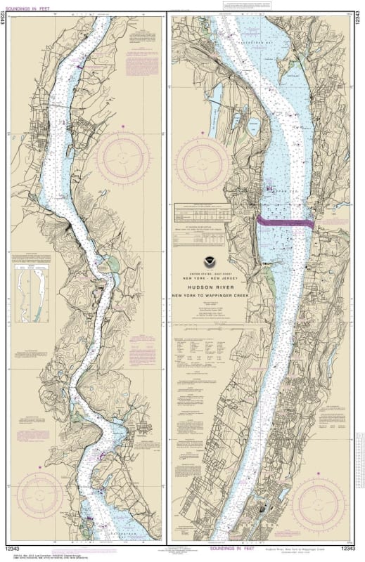 NOAA Chart 12343. Nautical Chart of Hudson River New York to Wappinger Creek. NOAA charts portray water depths, coastlines, dangers, aids to navigation, landmarks, bottom characteristics and other features, as well as regulatory, tide, and other informati