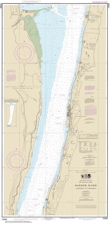 NOAA Chart 12346. Nautical Chart of Hudson River Yonkers to Piermont. NOAA charts portray water depths, coastlines, dangers, aids to navigation, landmarks, bottom characteristics and other features, as well as regulatory, tide, and other information. They