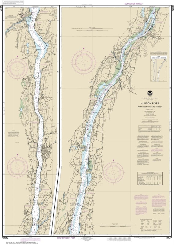 NOAA Chart 12347. Nautical Chart of Hudson River Wappinger Creek to Hudson. NOAA charts portray water depths, coastlines, dangers, aids to navigation, landmarks, bottom characteristics and other features, as well as regulatory, tide, and other information