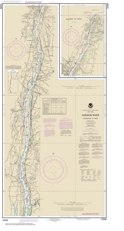 NOAA Chart 12348. Nautical Chart of Hudson River Coxsackie to Troy. NOAA charts portray water depths, coastlines, dangers, aids to navigation, landmarks, bottom characteristics and other features, as well as regulatory, tide, and other information. They c