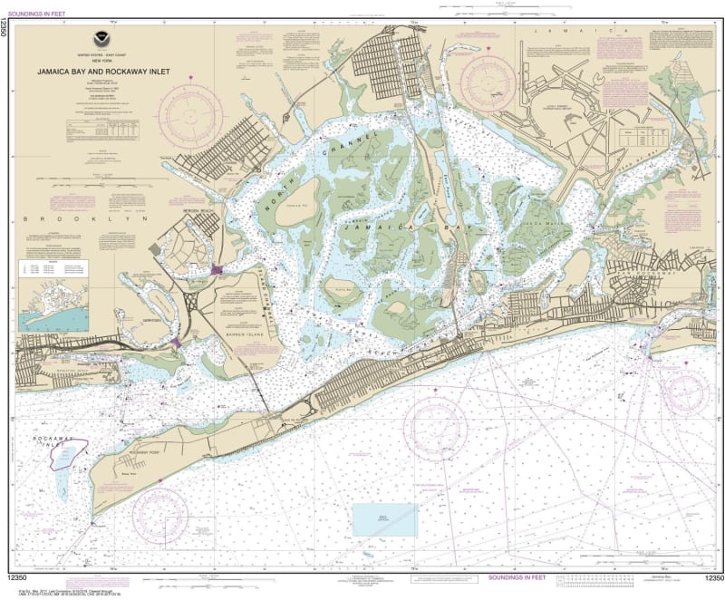 NOAA Chart 12350. Nautical Chart of Jamaica Bay and Rockaway Inlet. NOAA charts portray water depths, coastlines, dangers, aids to navigation, landmarks, bottom characteristics and other features, as well as regulatory, tide, and other information. They c