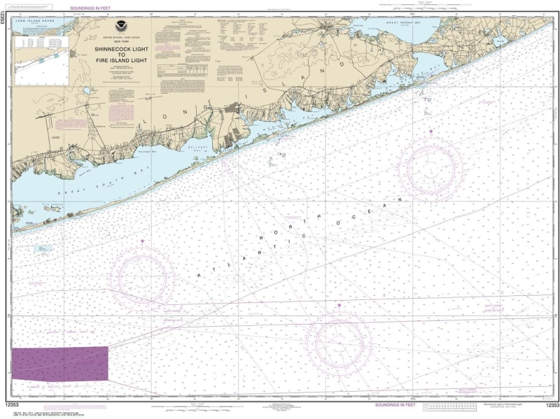 NOAA Chart 12353. Nautical Chart of Shinnecock Light to Fire Island Light. NOAA charts portray water depths, coastlines, dangers, aids to navigation, landmarks, bottom characteristics and other features, as well as regulatory, tide, and other information.