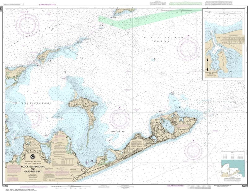 NOAA Chart 13209. Nautical Chart of Block Island Sound and Gardiners Bay - Montauk Harbor. NOAA charts portray water depths, coastlines, dangers, aids to navigation, landmarks, bottom characteristics and other features, as well as regulatory, tide, and ot