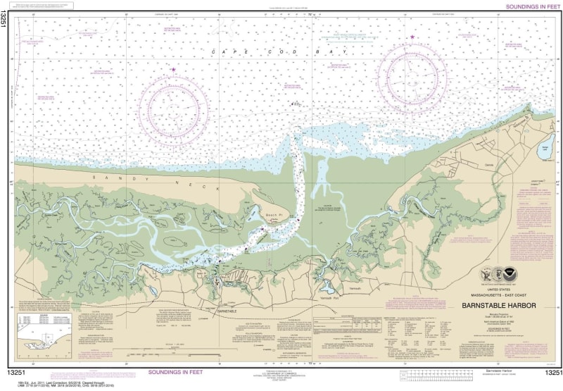 NOAA Chart 13251. Nautical Chart of Barnstable Harbor. NOAA charts portray water depths, coastlines, dangers, aids to navigation, landmarks, bottom characteristics and other features, as well as regulatory, tide, and other information. They contain all cr