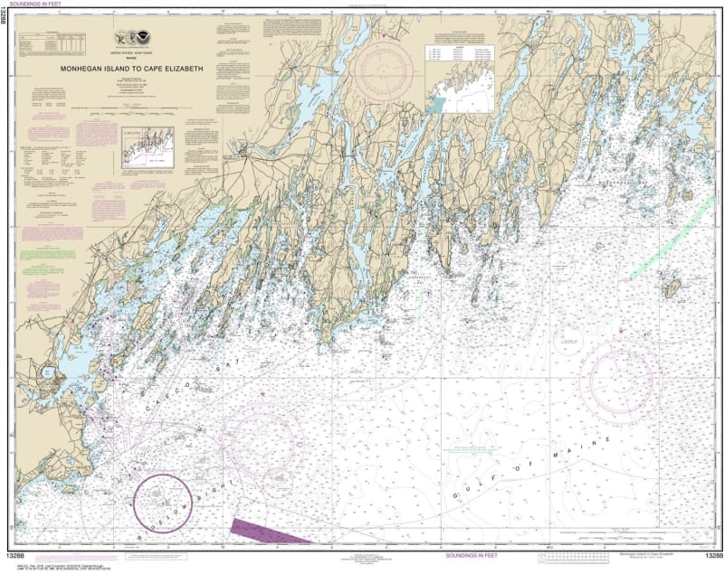 NOAA Chart 13288. Nautical Chart of Monhegan Island to Cape Elizabeth. NOAA charts portray water depths, coastlines, dangers, aids to navigation, landmarks, bottom characteristics and other features, as well as regulatory, tide, and other information. The