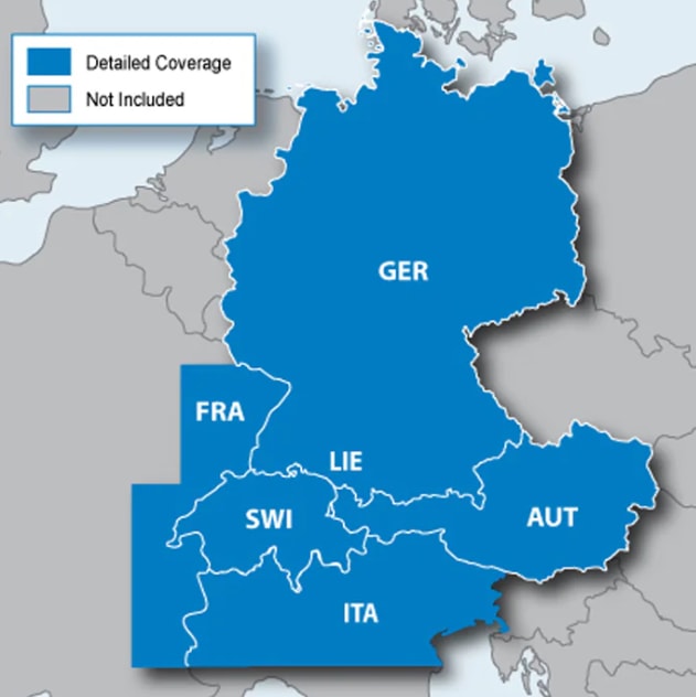 Everything you need to travel the Germanic states is included in these highly detailed GPS street maps. Load City Navigator Europe NT Alps + DACH directly to your device and navigate turn-by-turn to any address or intersection. Route to points of interest