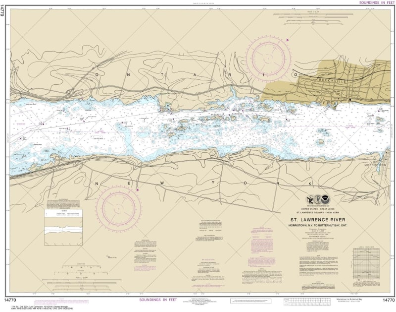 NOAA Chart 14770. Nautical Chart of Morristown NY to Butternut, ONT. NOAA charts portray water depths, coastlines, dangers, aids to navigation, landmarks, bottom characteristics and other features, as well as regulatory, tide, and other information. They
