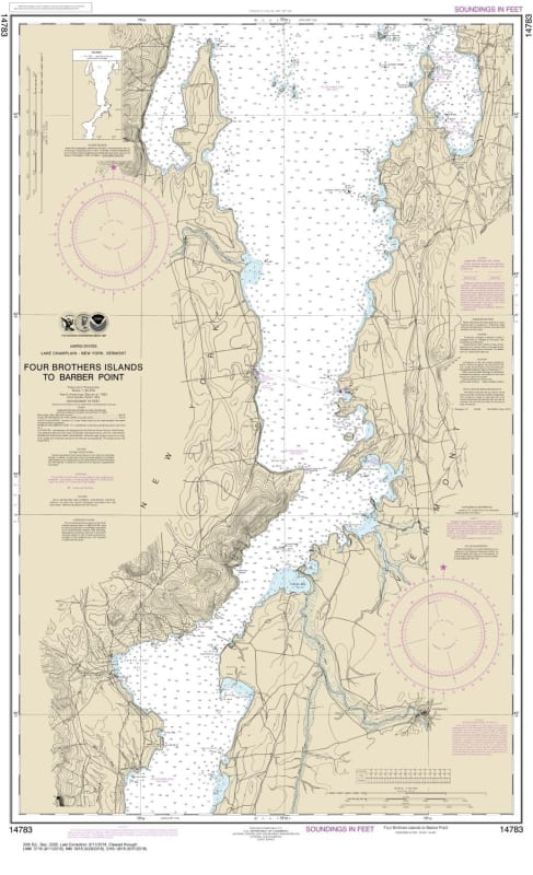 NOAA Chart 14783. Nautical Chart of Four Brothers Islands to Barber Point. NOAA charts portray water depths, coastlines, dangers, aids to navigation, landmarks, bottom characteristics and other features, as well as regulatory, tide, and other information.