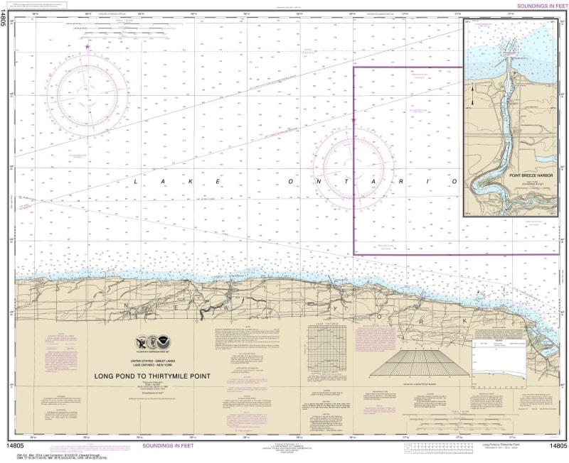 NOAA Chart 14805. Nautical Chart of Long Pond to Thirtymile Point - Point Breeze Harbor. NOAA charts portray water depths, coastlines, dangers, aids to navigation, landmarks, bottom characteristics and other features, as well as regulatory, tide, and othe