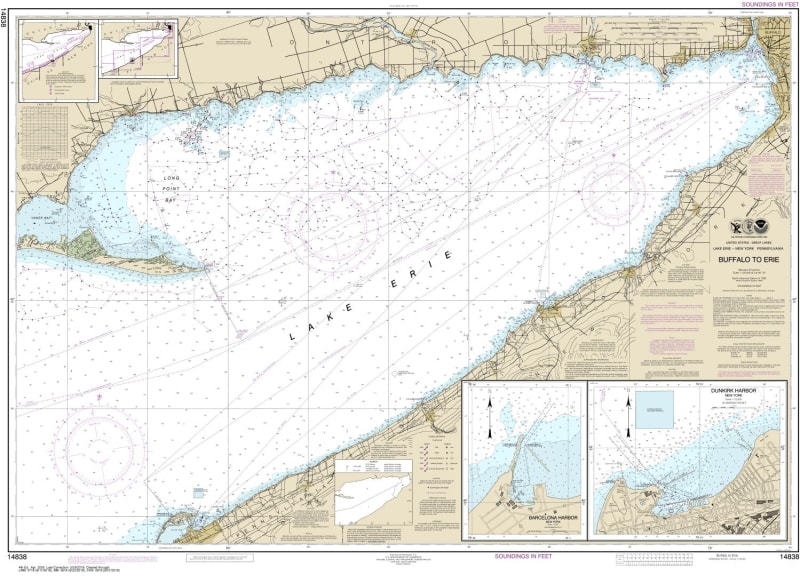 NOAA Chart 14835. Nautical Chart of Erie Harbor. NOAA charts portray water depths, coastlines, dangers, aids to navigation, landmarks, bottom characteristics and other features, as well as regulatory, tide, and other information. They contain all critical