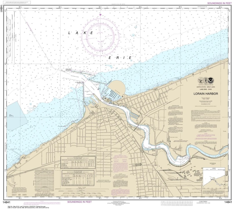 NOAA Chart 14841. Nautical Chart of Lorain Harboron Lake Erie. NOAA charts portray water depths, coastlines, dangers, aids to navigation, landmarks, bottom characteristics and other features, as well as regulatory, tide, and other information. They contai