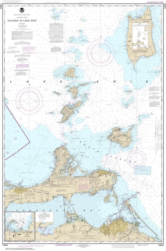 NOAA Chart 14844. Nautical Chart of Islands in Lake Erie - Put In Bay. NOAA charts portray water depths, coastlines, dangers, aids to navigation, landmarks, bottom characteristics and other features, as well as regulatory, tide, and other information. The