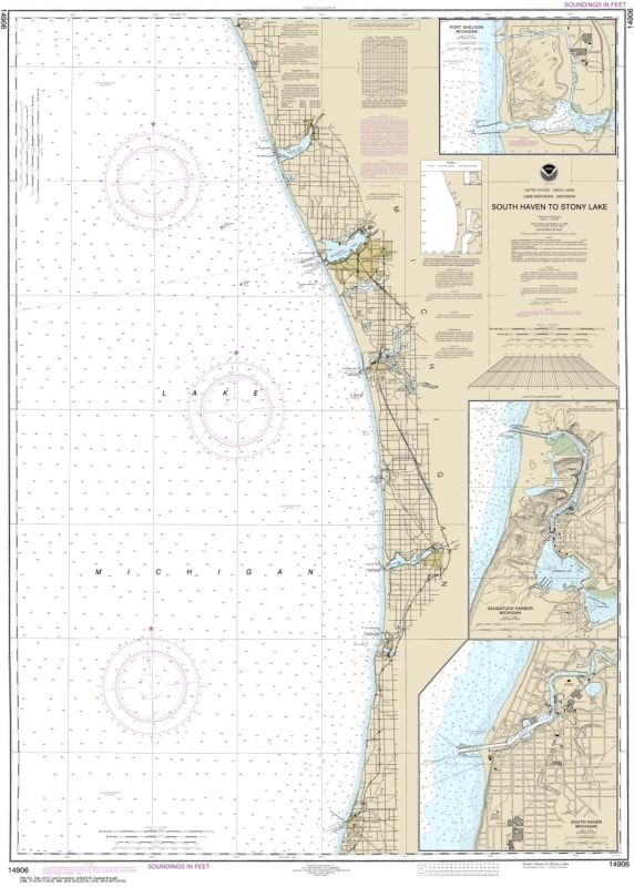 NOAA Chart 14906. Nautical Chart of South Haven to Stony Lake - South Haven - Port Sheldon - Saugatuck Harbor. NOAA charts portray water depths, coastlines, dangers, aids to navigation, landmarks, bottom characteristics and other features, as well as regu