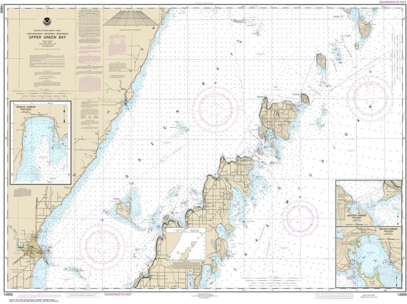 NOAA Chart 14909. Nautical Chart of Upper Green Bay - Jackson Harbor and Detroit Harbor - Detroit Harbor - Jackson. NOAA charts portray water depths, coastlines, dangers, aids to navigation, landmarks, bottom characteristics and other features, as well as
