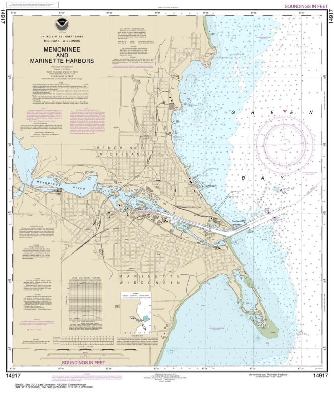 NOAA Chart 14917. Nautical Chart of Menominee and Marinette Harbors. NOAA charts portray water depths, coastlines, dangers, aids to navigation, landmarks, bottom characteristics and other features, as well as regulatory, tide, and other information. They
