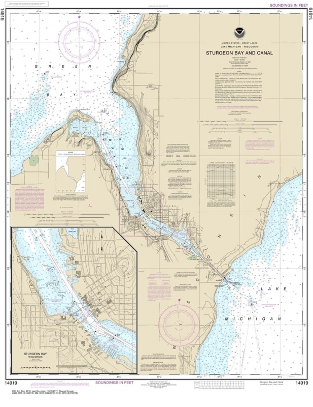 NOAA Chart 14919. Nautical Chart of Sturgeon Bay and Canal. NOAA charts portray water depths, coastlines, dangers, aids to navigation, landmarks, bottom characteristics and other features, as well as regulatory, tide, and other information.