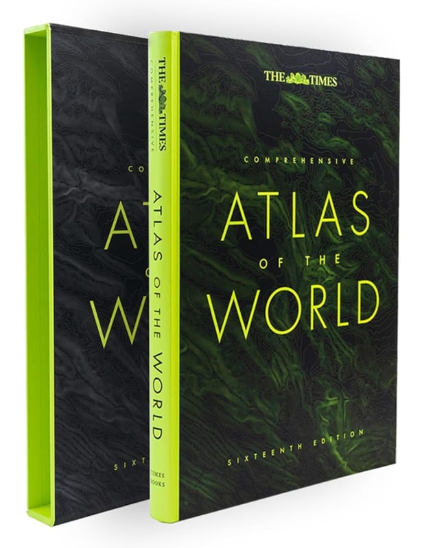 Hardcover book cover of The Times Comprehensive Atlas of the World 16th Edition in its protective slipcase. Hardcover book cover of The Times Comprehensive Atlas of the World 16th Edition in its protective slipcase.