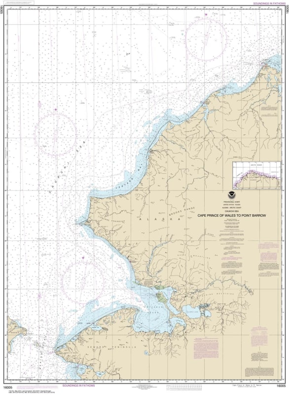 NOAA Chart 16005. Nautical Chart of Cape Prince of Wales to Pt. Barrow. NOAA charts portray water depths, coastlines, dangers, aids to navigation, landmarks, bottom characteristics and other features, as well as regulatory, tide, and other information. Th