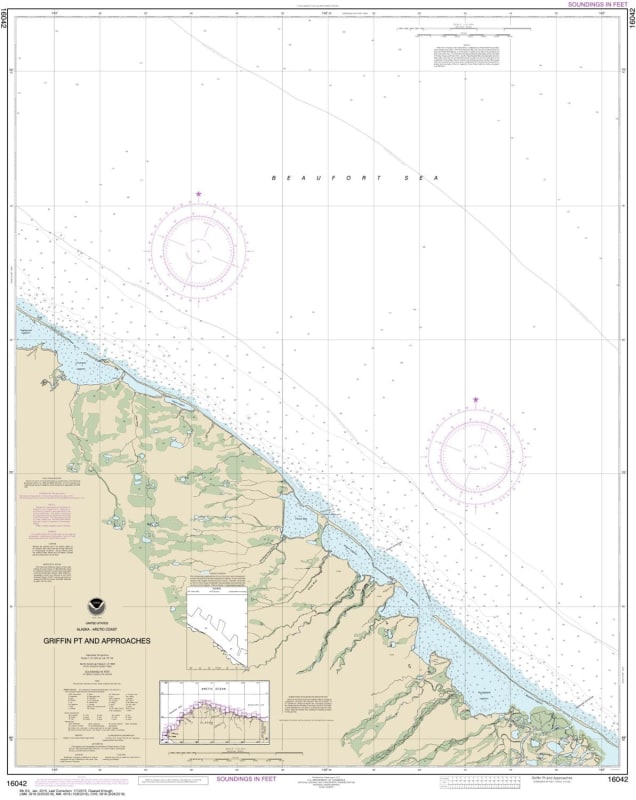 NOAA Chart 16042. Nautical Chart of Griffin Point and approaches. NOAA charts portray water depths, coastlines, dangers, aids to navigation, landmarks, bottom characteristics and other features, as well as regulatory, tide, and other information. They con